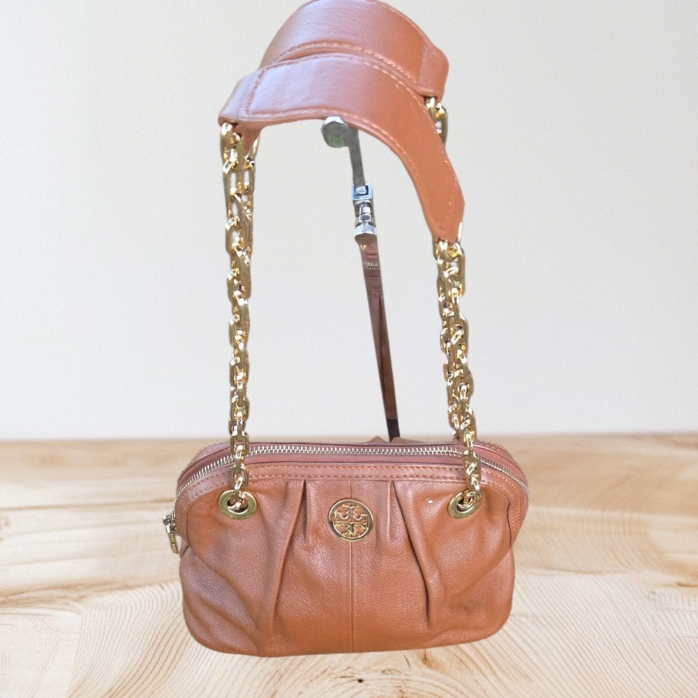 Tory Burch Crinkle Leather 2 Way Crossbody Bag w Chain in Royal Tan W/ Dustbag - Picture 5 of 9